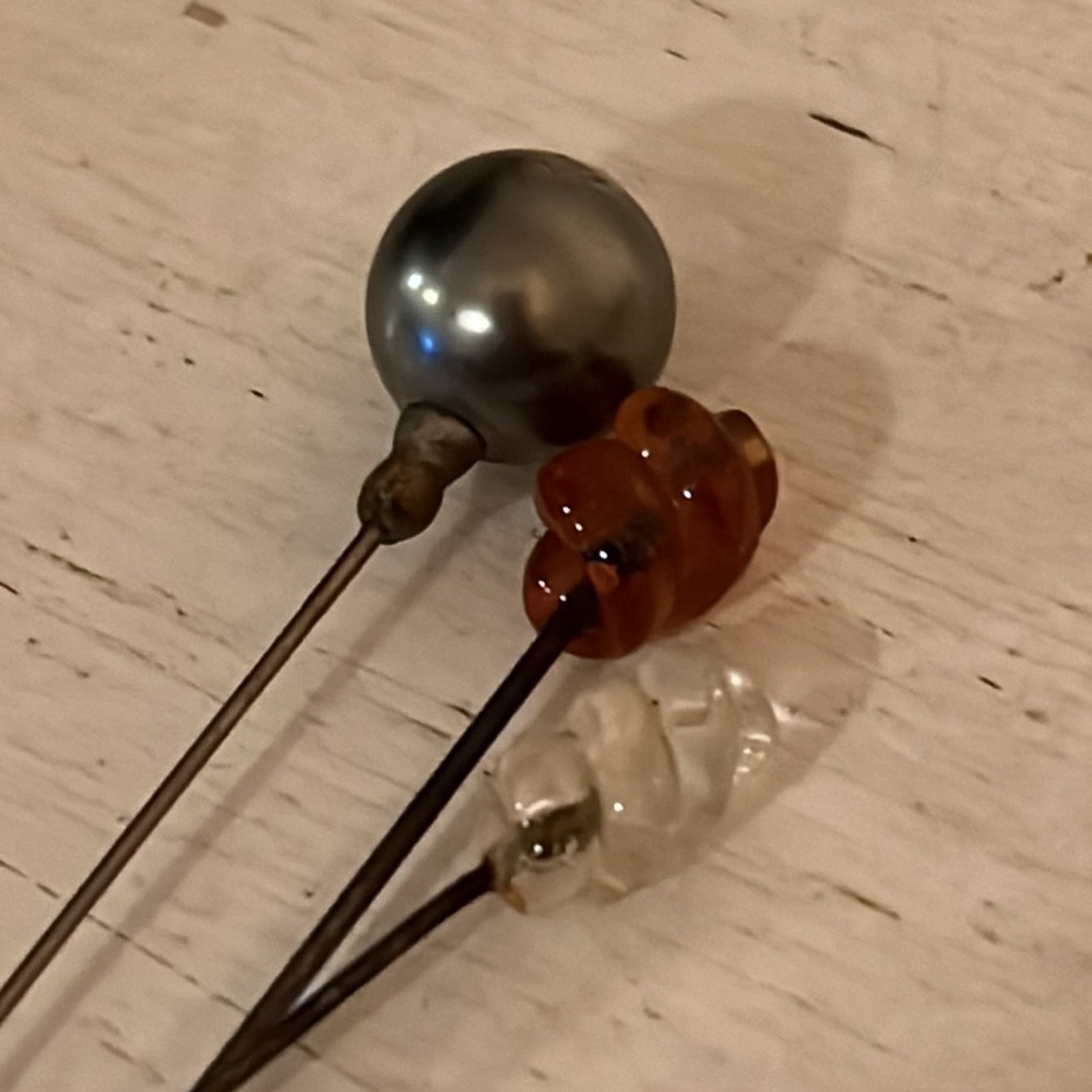 3 Antique glass swirl & pearl hat pins